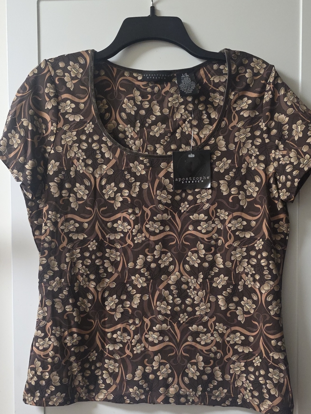 Apostrophe Stretch Brown Scoop Neck Top with Cream Floral Motif Size L